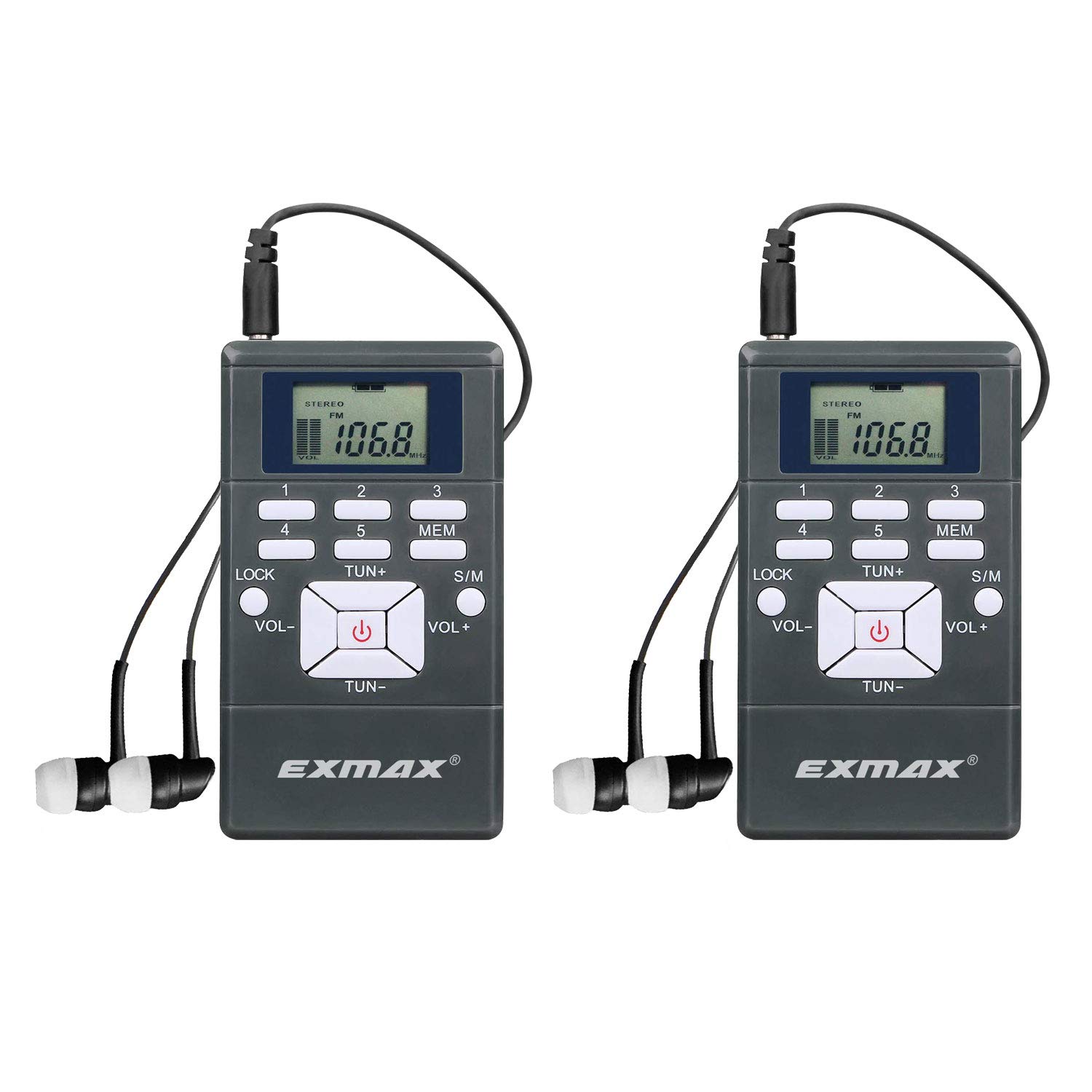 Wireless Pocket FM Stereo Radio with LCD Clock for Tour Guides - 2 Pack
