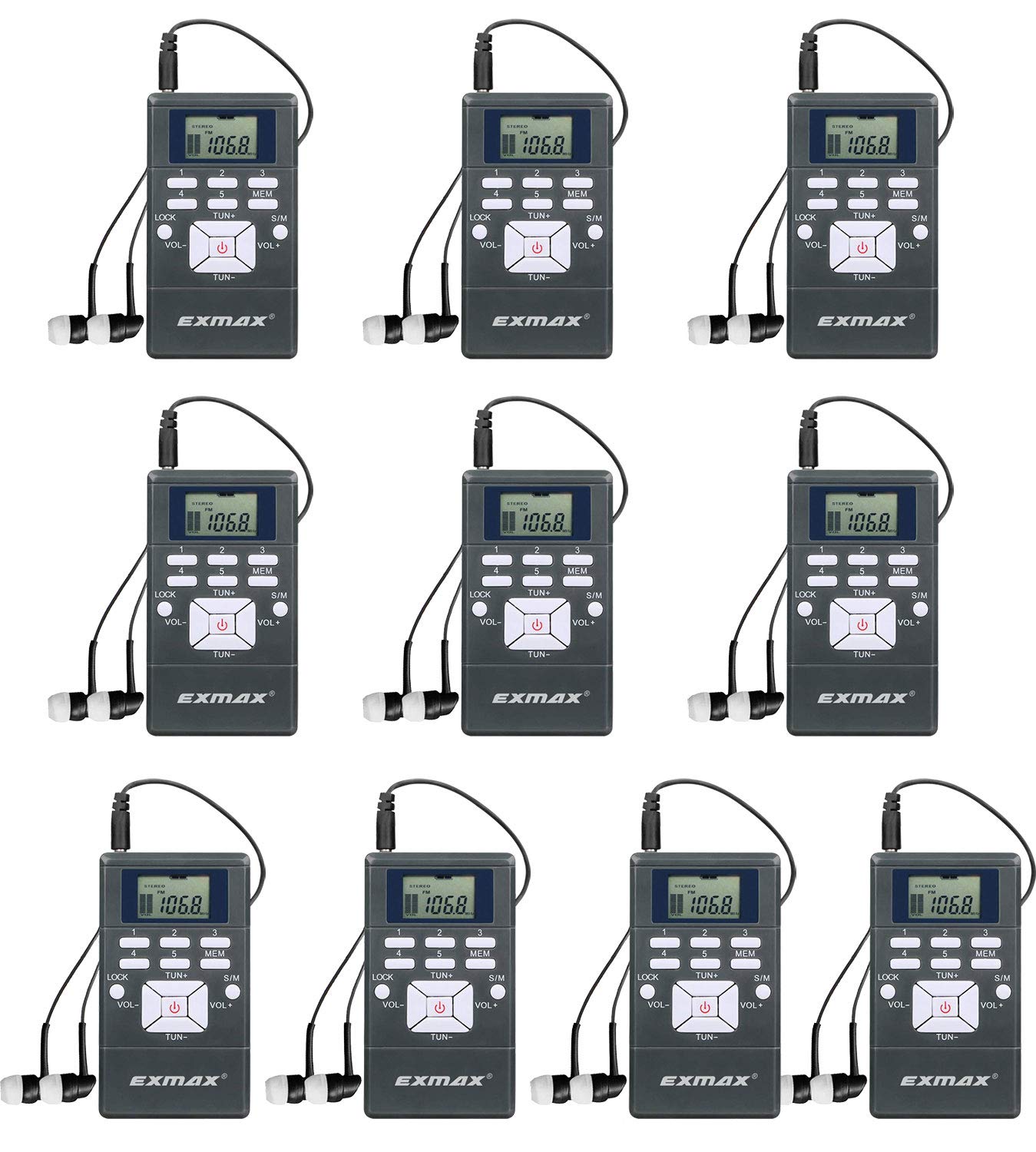 Wireless Pocket FM Stereo Radio Receiver with LCD Clock for Tour Guides - 10 Pack