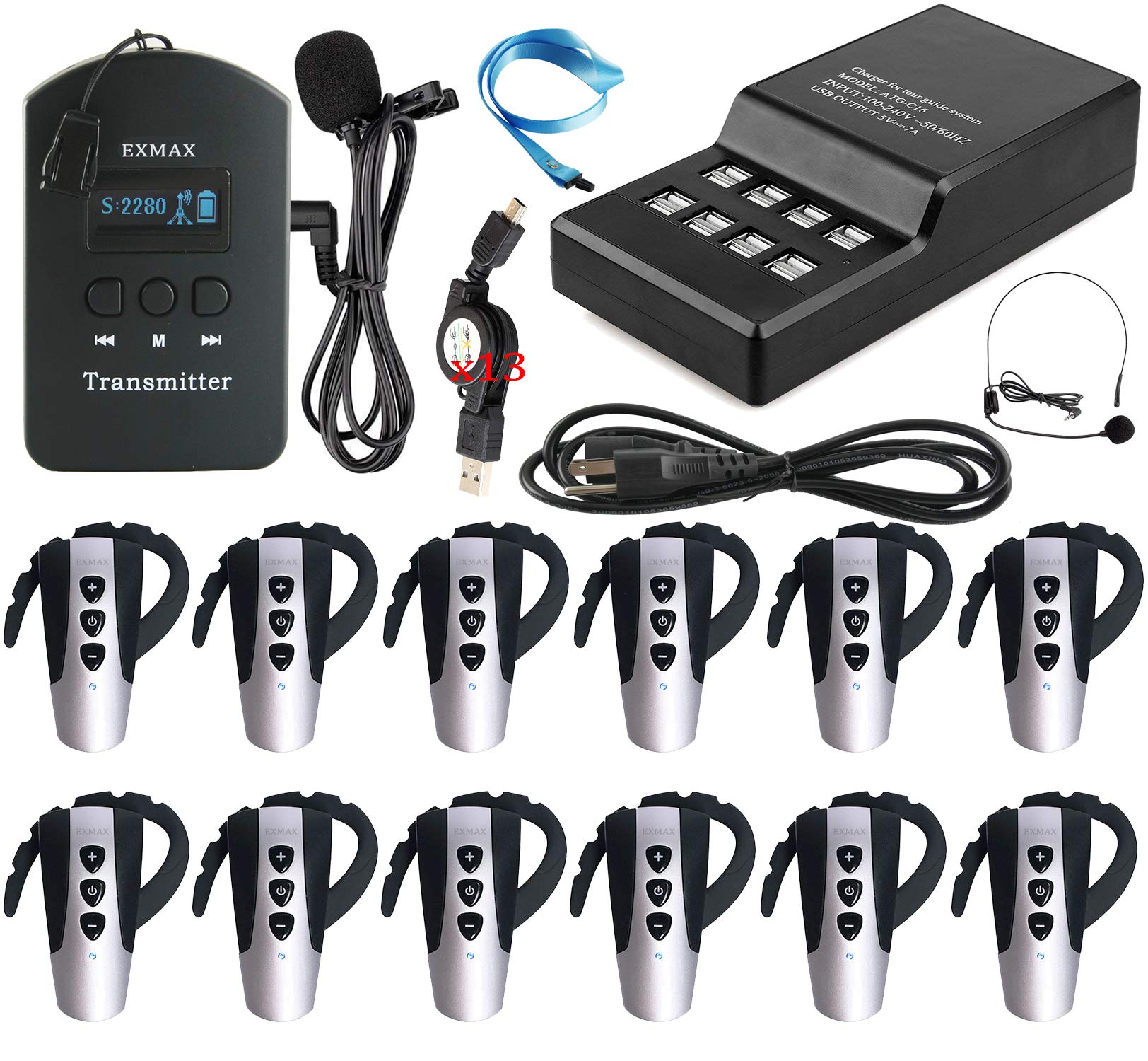 Wireless Tour Guide & Assistive Listening System for Museums, Churches, and Coaching (1 Transmitter, 12 Receivers & Charger)