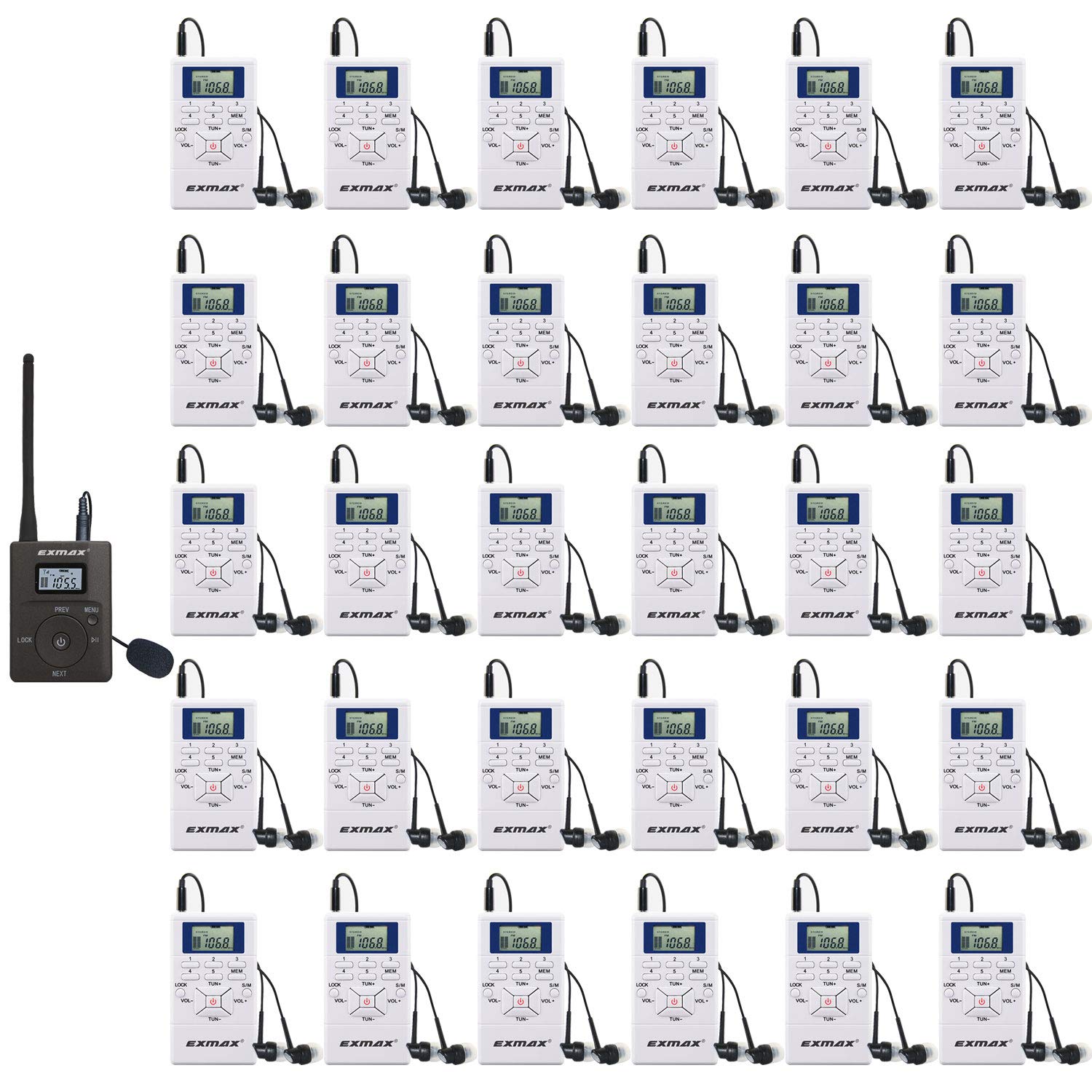 Wireless Tour Guide Headset System with FM Radio - 1 Transmitter & 30 Receivers (White)
